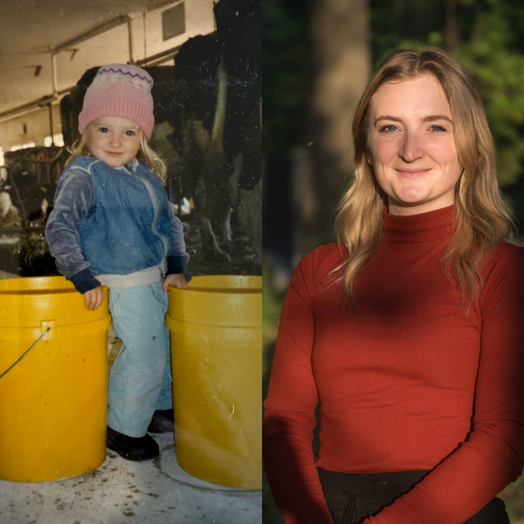 Comparison photo of Niina Baum as a child in a barn carrying two buckets vs a professional protrait